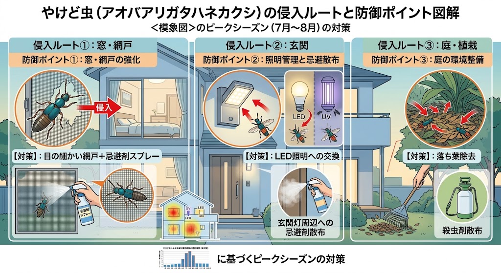 やけど虫の侵入ルートと防御ポイント図解