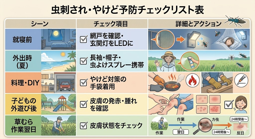 虫刺され・やけど予防チェックリスト表
